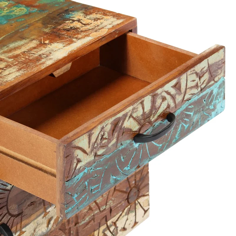 Table de chevet avec 1 tiroir et 1 porte avec motif sculpté à la main 40 x 30 x 50cm bois récupération multicolore DEC034572