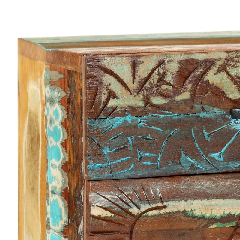 Table de chevet avec 1 tiroir et 1 porte avec motif sculpté à la main 40 x 30 x 50cm bois récupération multicolore DEC034572