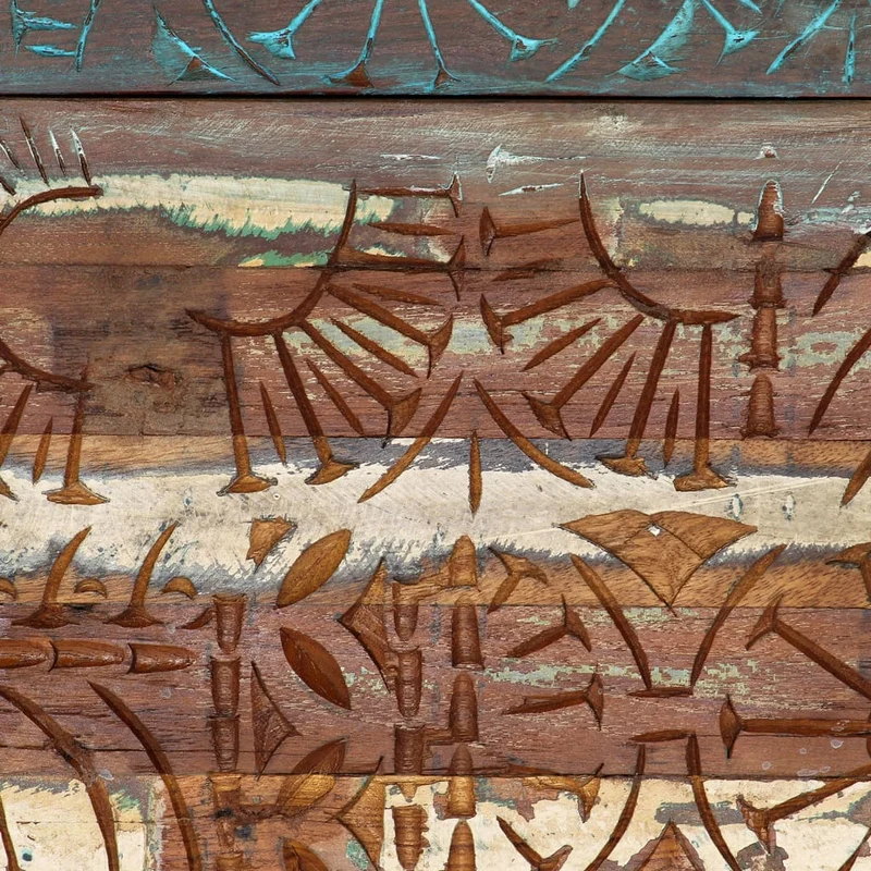 Table de chevet avec 1 tiroir et 1 porte avec motif sculpté à la main 40 x 30 x 50cm bois récupération multicolore DEC034572