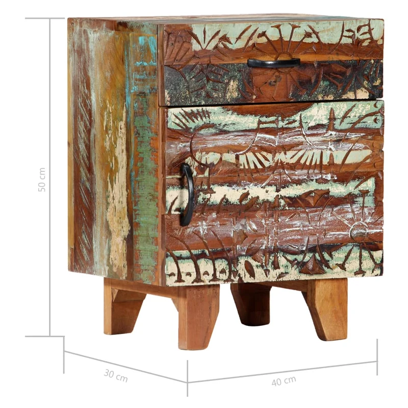 Table de chevet avec 1 tiroir et 1 porte avec motif sculpté à la main 40 x 30 x 50cm bois récupération multicolore DEC034572