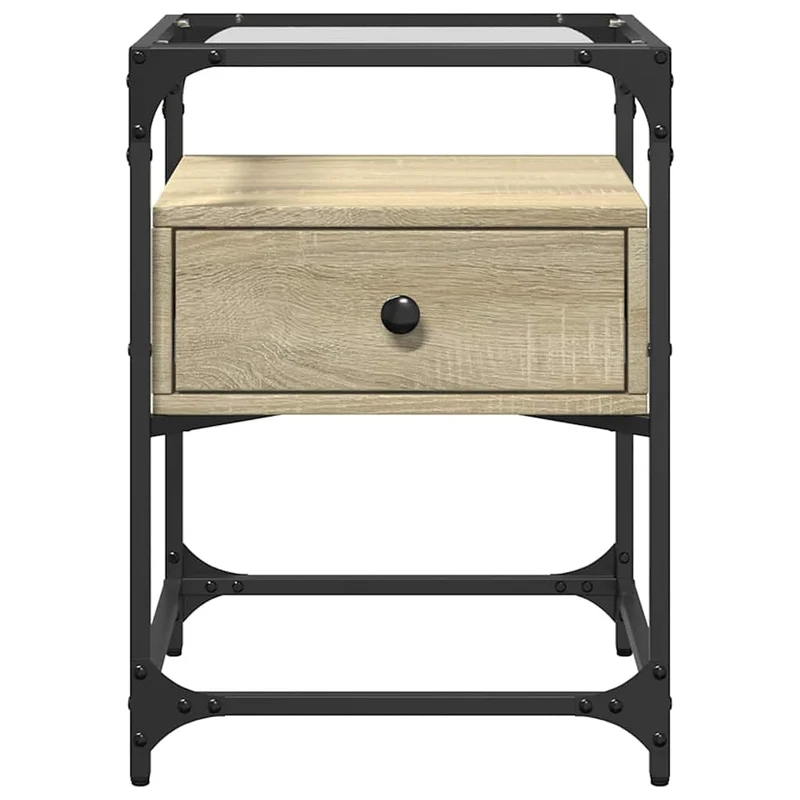 Table de chevet avec tiroir 40 x 40 x 55 cm bois d’ingénierie couleur chêne verre et acier DEC033859