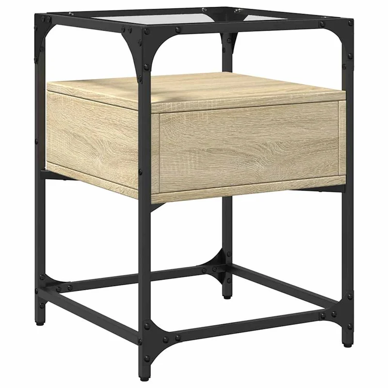 Table de chevet avec tiroir 40 x 40 x 55 cm bois d’ingénierie couleur chêne verre et acier DEC033859
