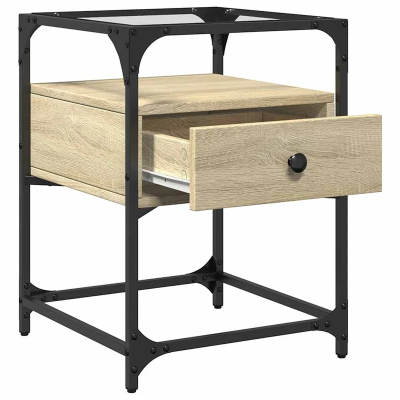 Table de chevet avec tiroir 40 x 40 x 55 cm bois d’ingénierie couleur chêne verre et acier DEC033859