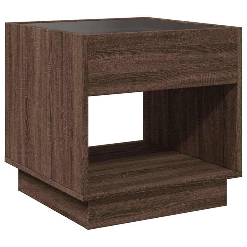 Table de chevet avec lumière LED et compartiment ouvert 50 x 50 x 50 cm bois d'ingénierie marron et verre DEC033142