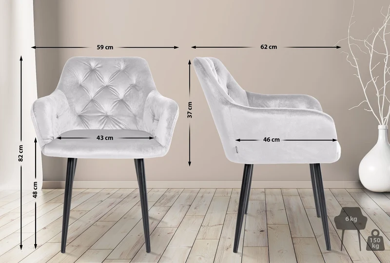 Set de 2 chaises de salle à manger avec coutures décoratives en velours gris et pieds en métal noir 10_0001630