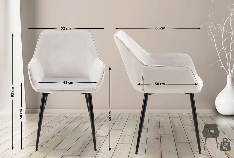 Set de 2 chaises de salle à manger avec accoudoirs en tissu velours gris clair et pieds en métal noir 10_0001583