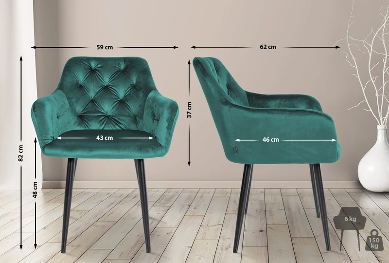 Set de 2 chaises de salle à manger avec coutures décoratives en velours vert foncé et pieds en métal noir 10_0001628