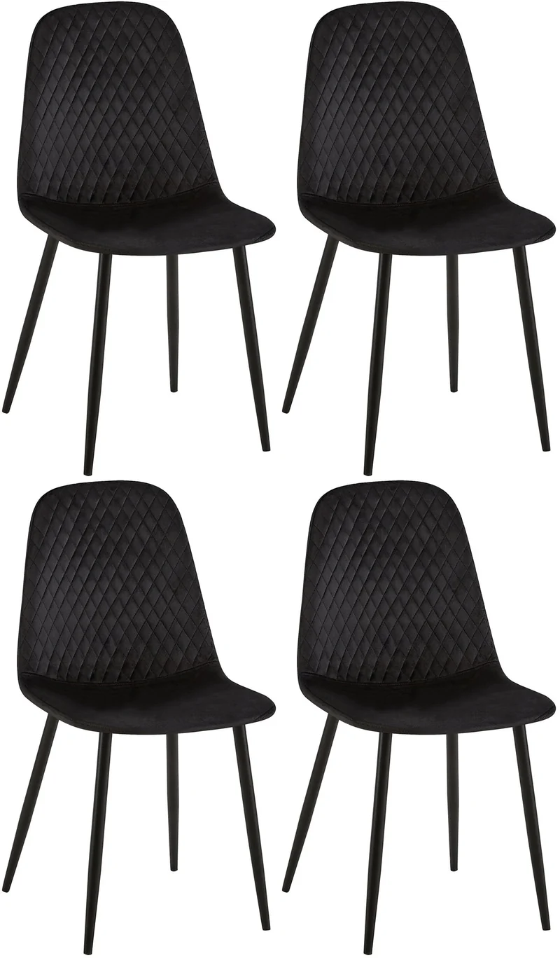 Lot de 4 chaises de salle à manger coutures décoratives losanges assise en velours noir pieds métal noir mat 10_0001876