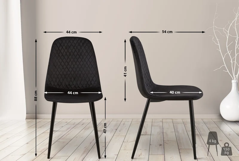 Lot de 4 chaises de salle à manger coutures décoratives losanges assise en velours noir pieds métal noir mat 10_0001876
