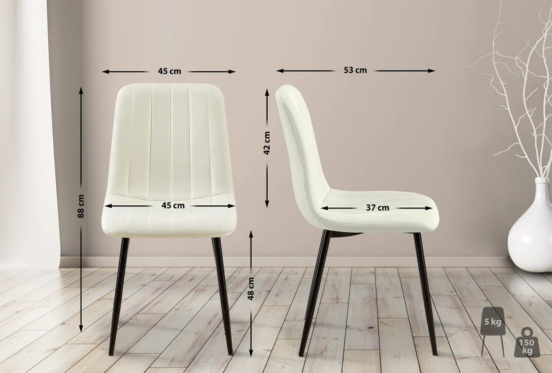 Lot de 4 chaises de salle à manger coutures décoratives verticales en tissu velours crème et pieds métal noir 10_0001874