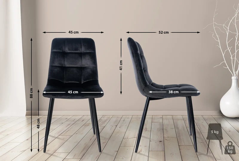 Lot de 4 chaises de salle à manger coutures décoratives carrées en tissu velours noir pieds métal noir 10_0001776