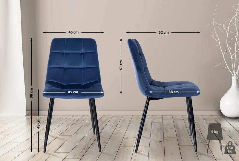 Lot de 4 chaises de salle à manger coutures décoratives carrées en velours bleu et métal noir 10_0001775