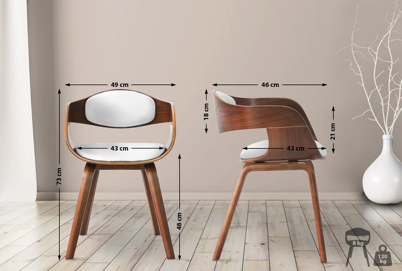 Lot de 2 chaises de salle à manger bureau design retro en PVC blanc structure en bois couleur noyer 10_0001714