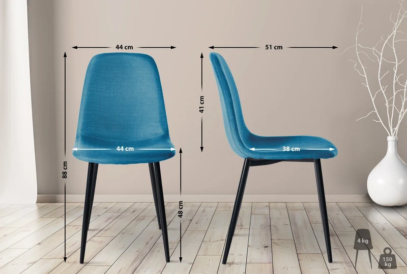 Lot de 4 chaises de salle à manger design simple avec pieds en métal noir et assise en tissu bleu 10_0001834