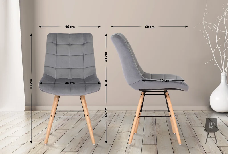 Lot de 2 chaises de salle à manger style scandinave couture carrée en velours gris et pieds en bois 10_0001737