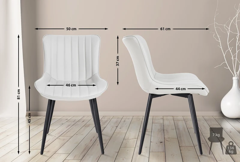 Lot de 2 chaises de salle à manger coutures décoratives verticales avec pieds en métal noir assise en PVC blanc 10_0001733