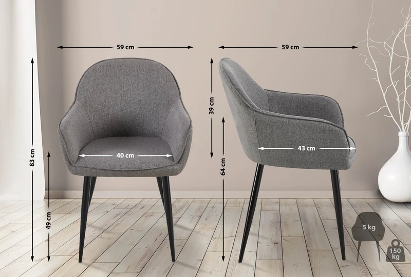 Set de 2 chaises de salle à manger avec accoudoirs design moderne et confortable en tissu gris foncé et pieds en bois noir 10_0001602