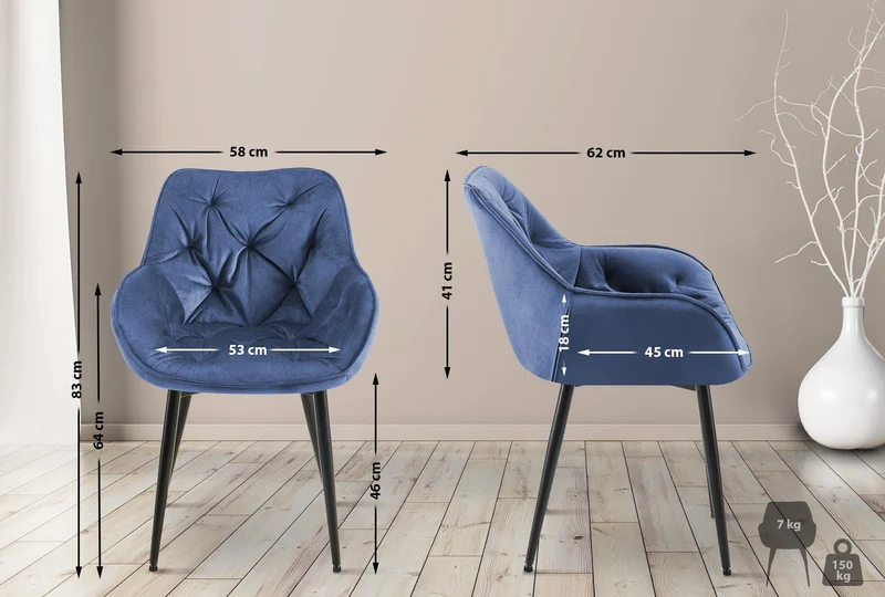 Lot de 2 chaises de salle à manger coutures décoratives en velours bleu et pieds en métal noir 0_0001664