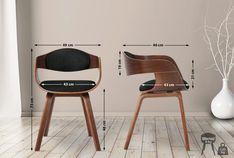 Lot de 2 chaises de salle à manger design retro structure en bois couleur noyer assise en tissu noir 10_0001729