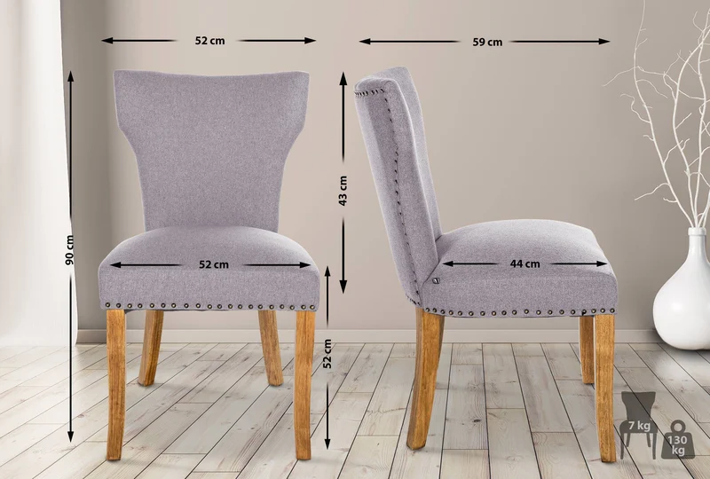 Set de 2 chaises de salle à manger boutons décoratifs en tissu couleur gris et pieds en bois 10_0001592