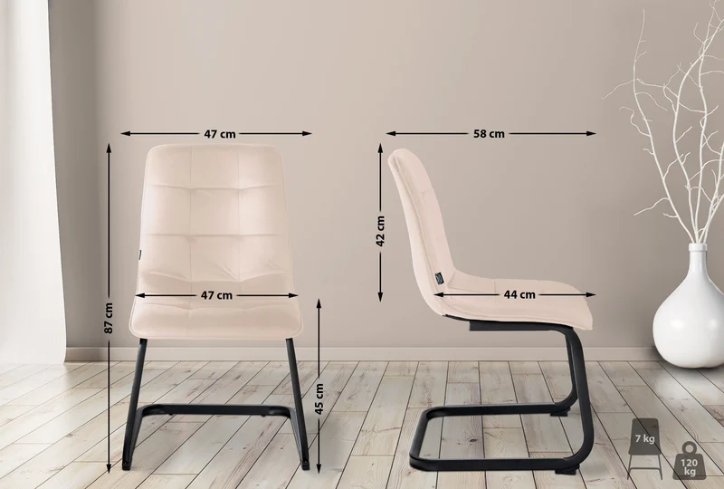 Set de 2 chaises de salle à manger coutures décoratives carrées en velours crème et pieds luge en métal noir 10_0001578