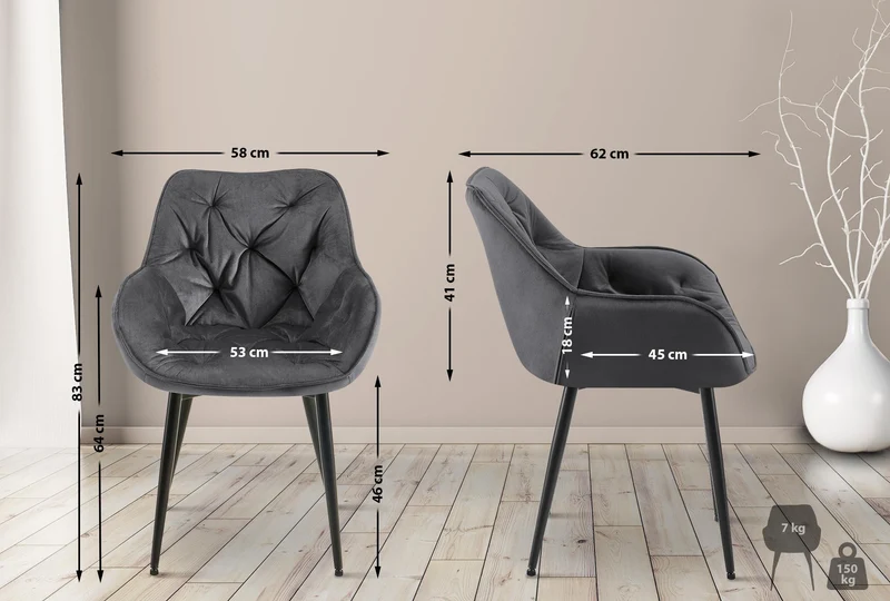Lot de 2 chaises de salle à manger design et moderne assise en velours gris foncé et pieds en métal noir 10_0001658