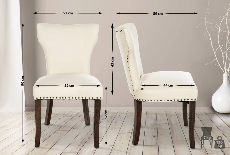 Lot de 2 chaises de salle à manger boutons décoratifs en tissu crème et pieds en bois marron foncé 10_0001589