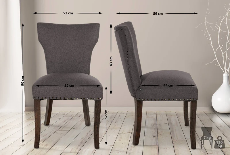 Lot de 2 chaises de salle à manger boutons décoratifs en tissu gris foncé et pieds en bois marron foncé 10_0001586