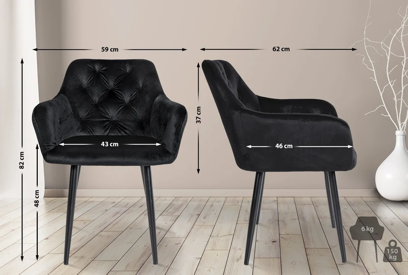 Set de 2 chaises de salle à manger design moderne couture capitonné assise en velours noir 10_0001632