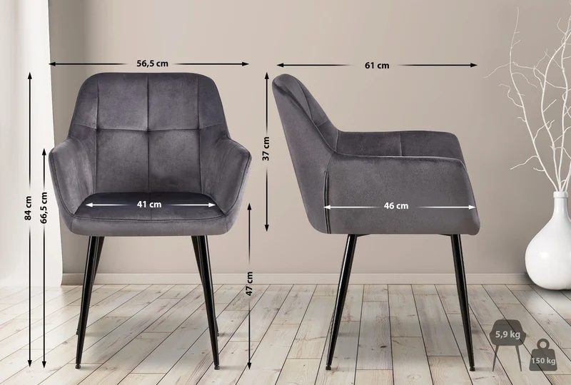 Lot de 2 chaises de salle à manger design retro coutures décoratives en carrées assise en velours gris 10_0001534