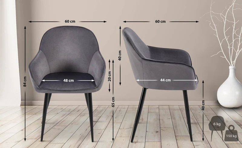 Set de 2 chaises de salle à manger dossier arrondis avec accoudoirs en velours gris foncé 10_0001528