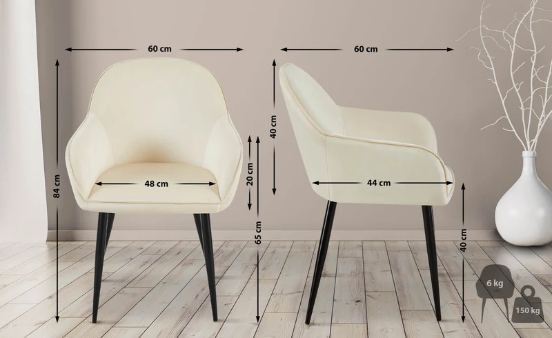 Set de 2 chaises de salle à manger dossier arrondis avec accoudoirs en velours crème 10_0001527