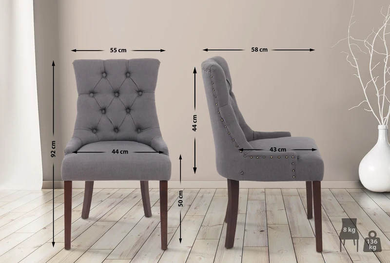 Lot de 2 chaises de salle à manger avec boutons décoratives assise en tissu gris foncé pieds foncés 10_0001519