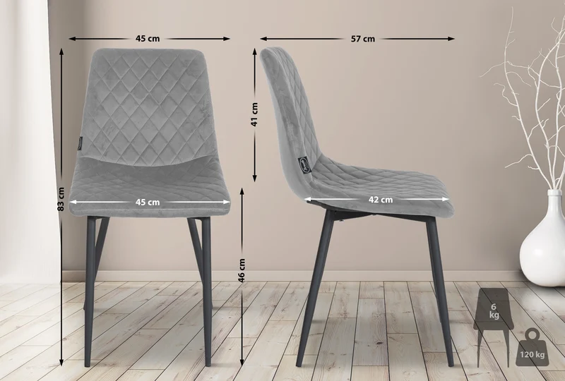 Chaise de salle à manger x1 coutures décoratives en losange assise en velours gris et pieds métal noir 10_0001500