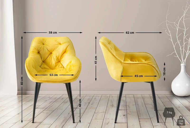 Chaise de salle à manger x1 design et moderne assise en velours jaune et pieds en métal noir 10_0001493