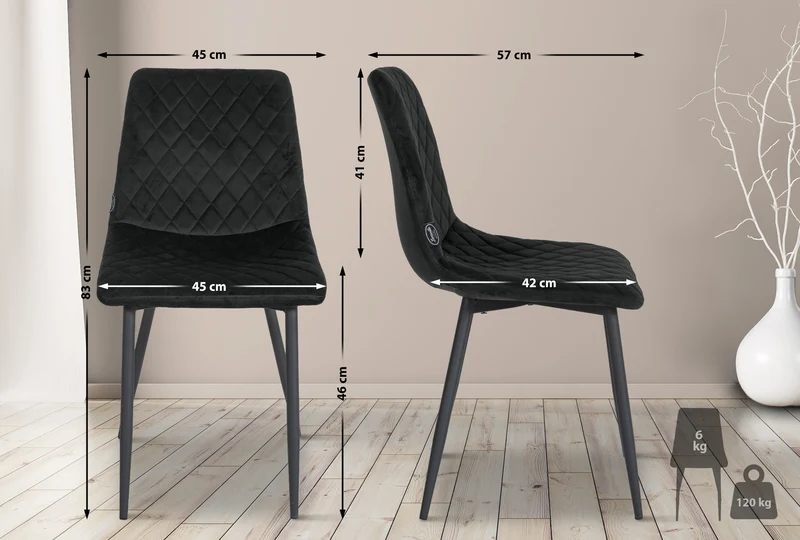 Chaise de salle à manger x1 coutures décoratives en losange assise en velours noir et pieds métal noir 10_0001497