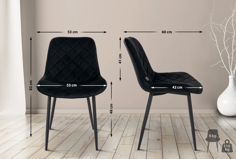Chaise de salle à manger cuisine x1 assise en velours noir et pieds en métal noir 10_0001489
