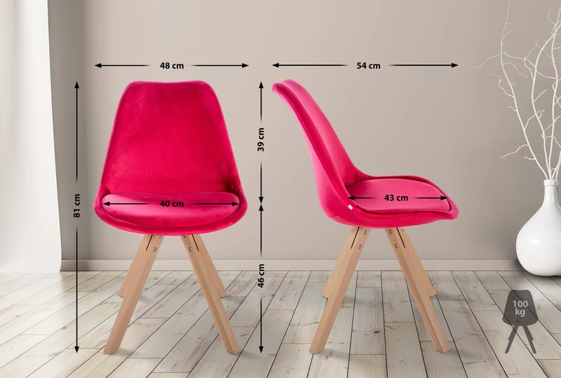 Chaise de salle à manger x1 style scandinave en velours rouge pieds en bois clair 10_0001472