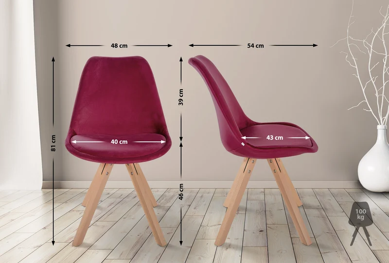 Chaise de salle à manger x1 style scandinave en velours bordeaux pieds en bois clair 10_0001471