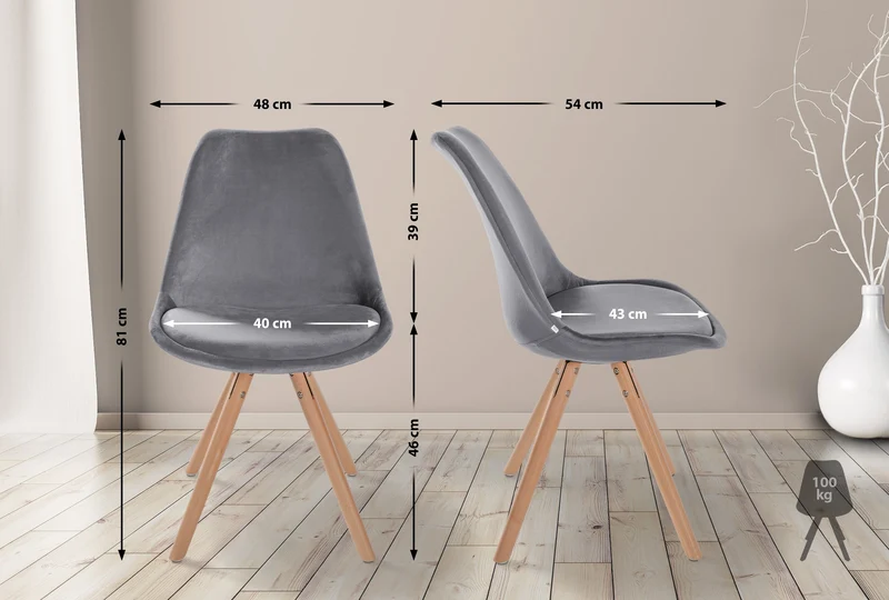Chaise de salle à manger x1 style scandinave en velours gris pieds en bois clair 10_0001464