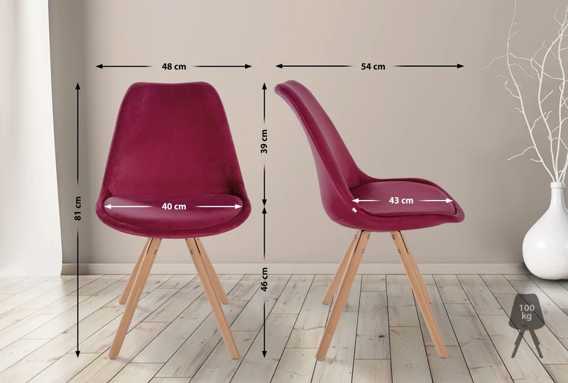 Chaise de salle à manger x1 style scandinave en velours bordeaux pieds en bois clair 10_0001462