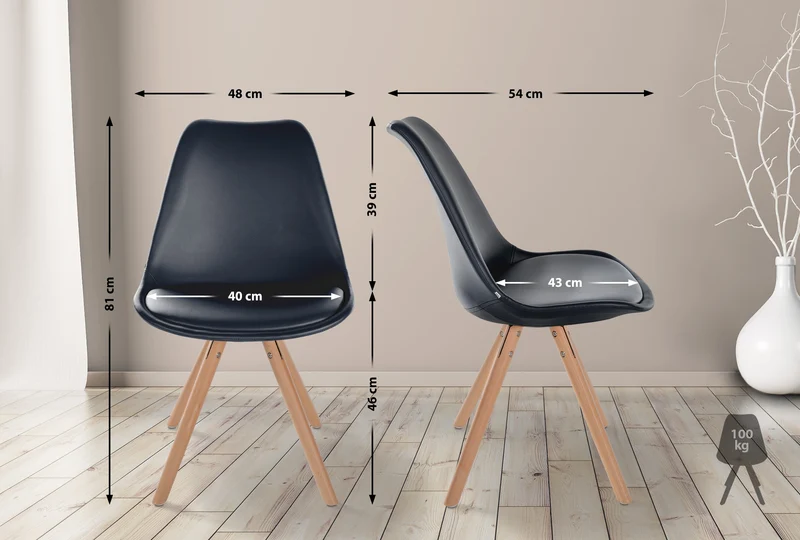 Chaise de salle à manger x1 style scandinave assise en PVC noir et pieds ronds en bois clair 10_0001434