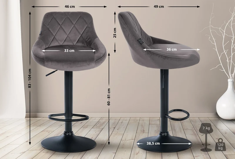 Set de 2 tabourets de bar coutures décoratives losanges assise en velours gris et cadre en métal noir TDB10779