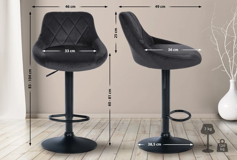 Set de 2 tabourets de bar coutures décoratives losanges assise en velours gris foncé et cadre en métal noir TDB10777