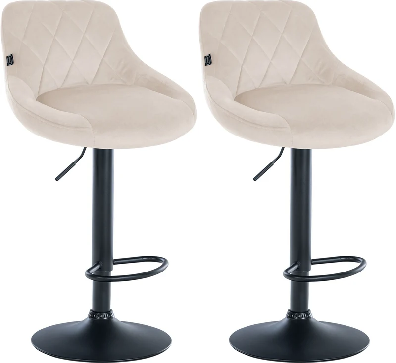 Set de 2 tabourets de bar coutures décoratives losanges assise en velours crème et cadre en métal noir TDB10776