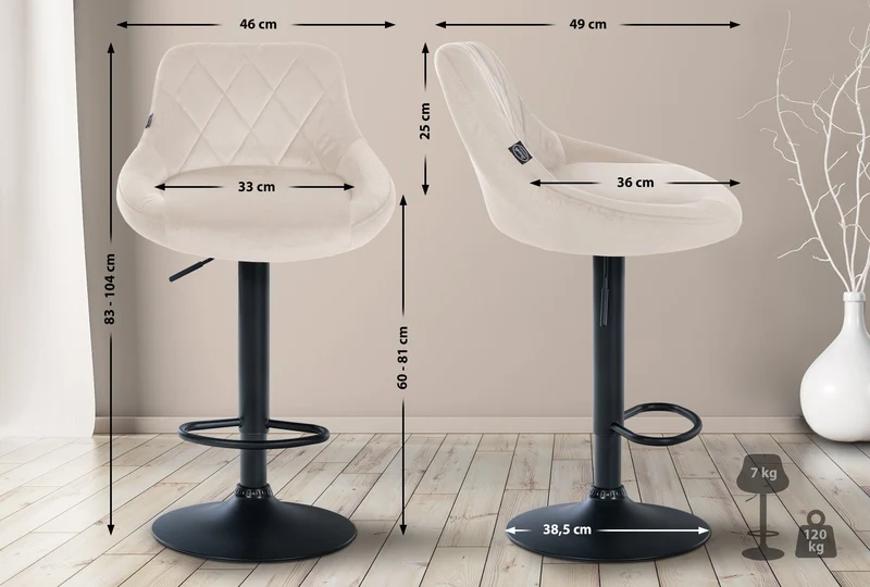 Set de 2 tabourets de bar coutures décoratives losanges assise en velours crème et cadre en métal noir TDB10776