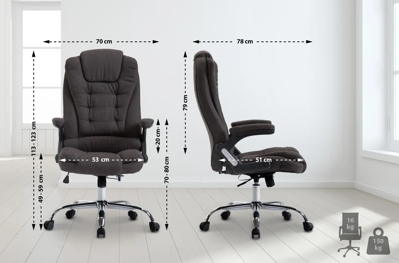 Fauteuil de bureau XXL sur roulettes confortablement rembourrés avec accoudoirs en tissu gris foncé et métal chromé 10_0002664