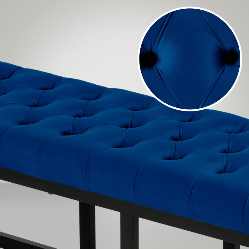 Banquette banc bout de lit longueur 120 cm en velours capitonné en velours bleu et métal noir 10_0003666