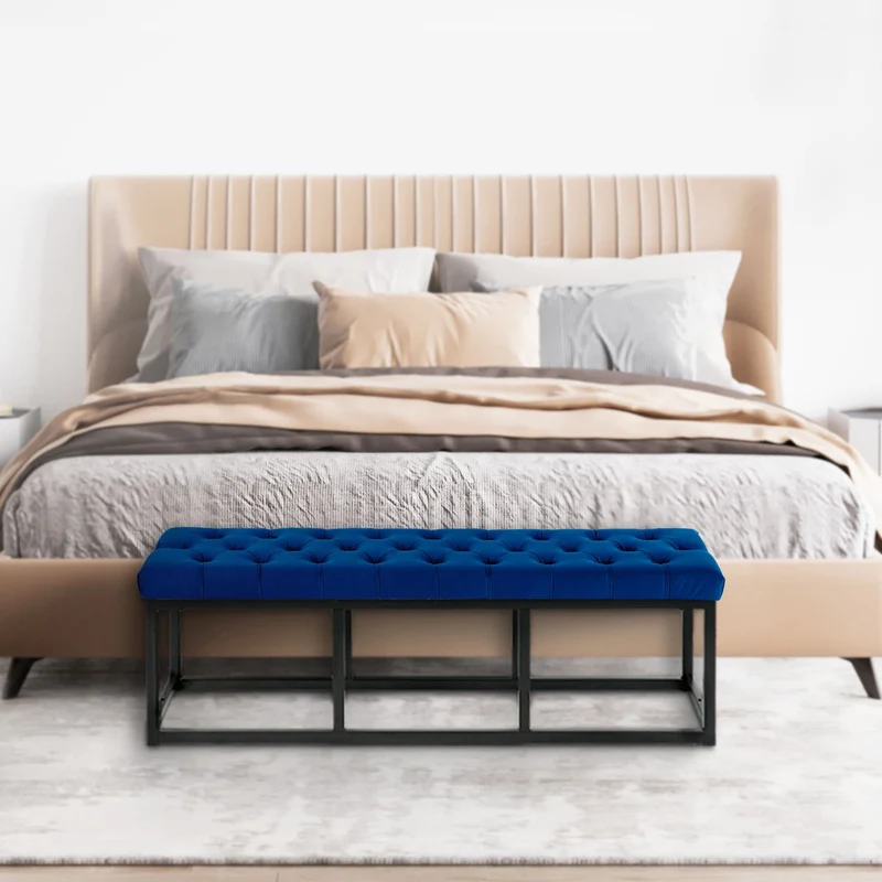Banquette banc bout de lit longueur 120 cm en velours capitonné en velours bleu et métal noir 10_0003666