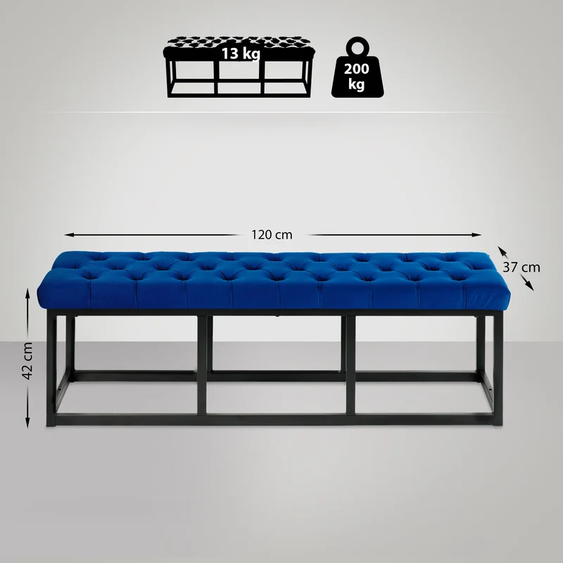 Banquette banc bout de lit longueur 120 cm en velours capitonné en velours bleu et métal noir 10_0003666